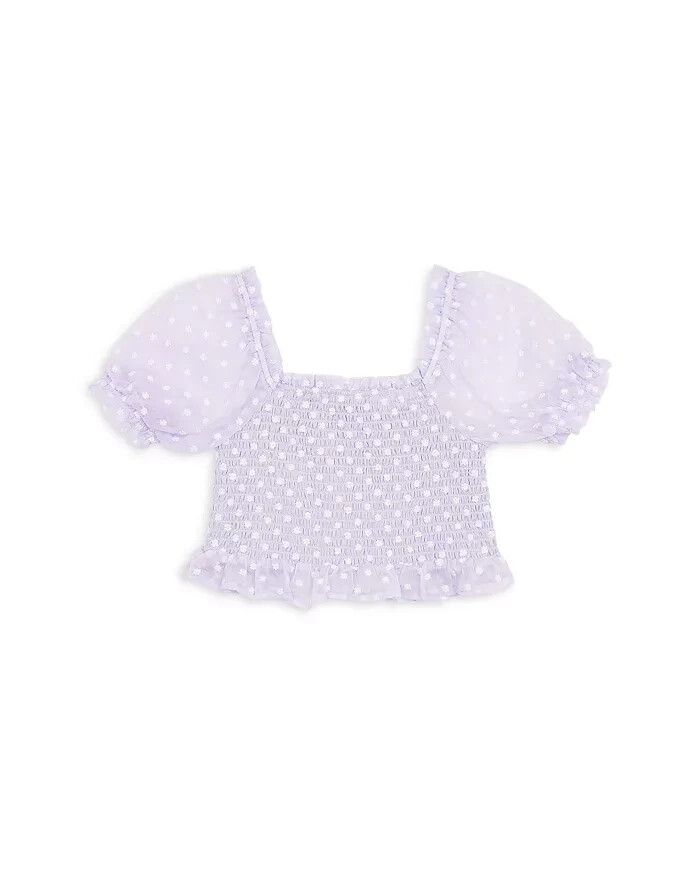 AQUA Daisy Clip Dot Puff Sleeve Top Girls' XL (14-16) Lilac Ruffle Trim Pullover