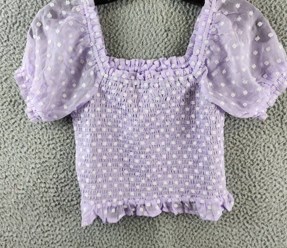 AQUA Daisy Clip Dot Puff Sleeve Top Girls' XL (14-16) Lilac Ruffle Trim Pullover