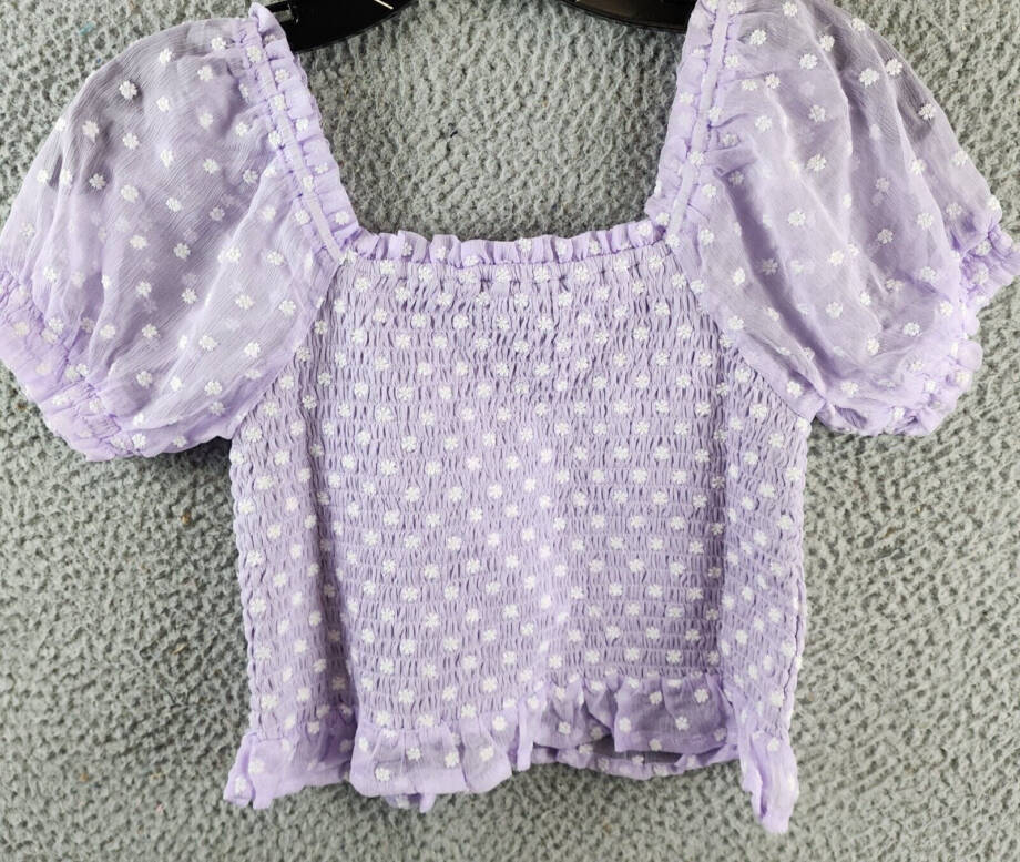 AQUA Daisy Clip Dot Puff Sleeve Top Girls' XL (14-16) Lilac Ruffle Trim Pullover