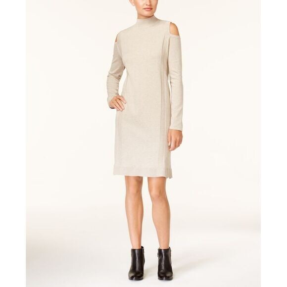 Style & Co. Cold Shoulder Ribbed Trim Sweaterdress Women's L Hammock Heather L/S