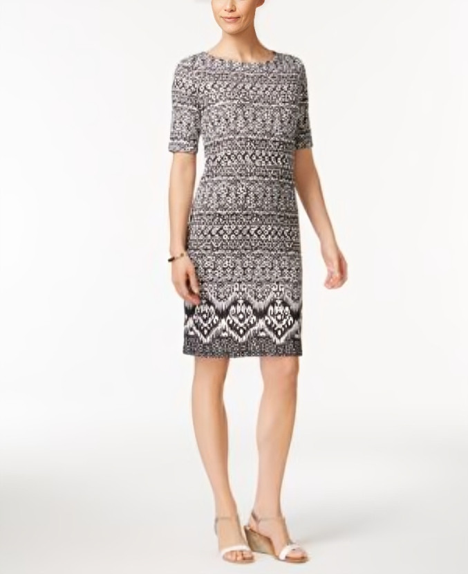 Karen Scott Printed T-Shirt Dress Women's S Deep Black/White 1/2 Sleeve Pullover