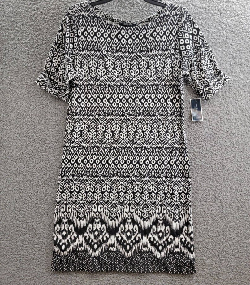 Karen Scott Printed T-Shirt Dress Women's S Deep Black/White 1/2 Sleeve Pullover