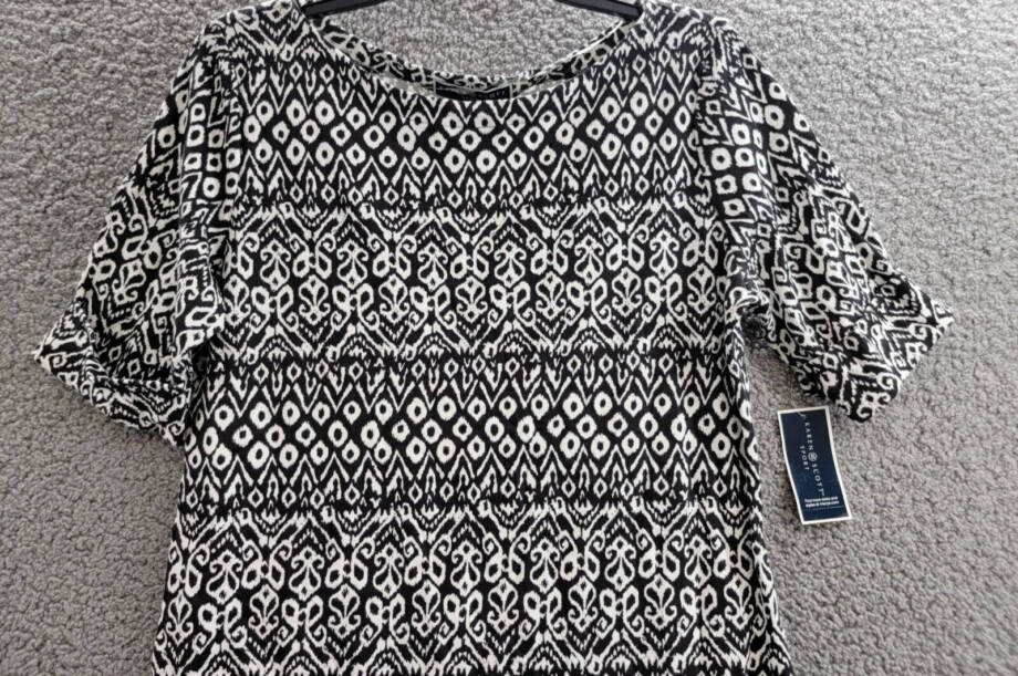 Karen Scott Printed T-Shirt Dress Women's S Deep Black/White 1/2 Sleeve Pullover