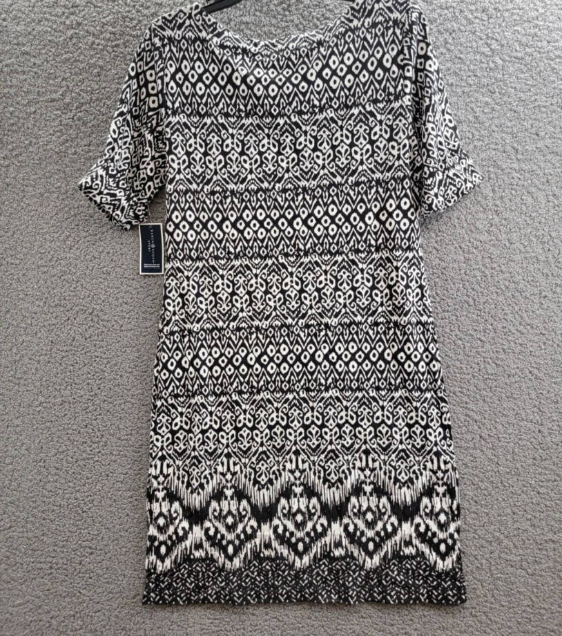 Karen Scott Printed T-Shirt Dress Women's S Deep Black/White 1/2 Sleeve Pullover