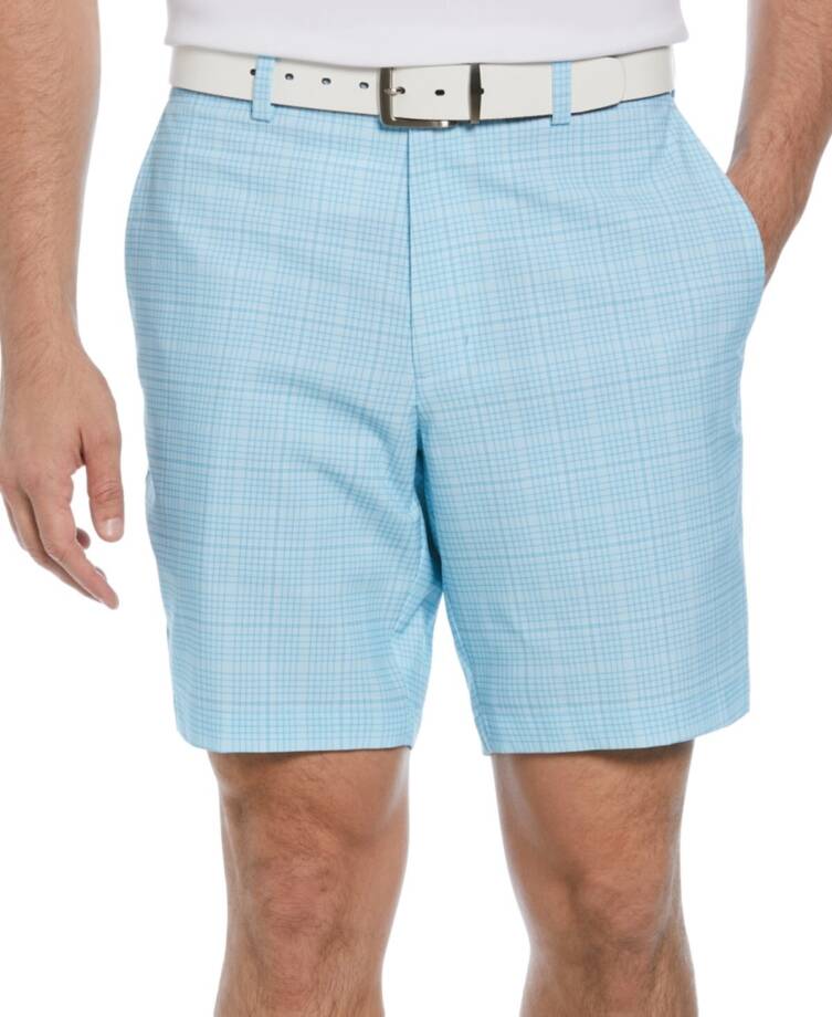 PGA TOUR Check Print Performance 8" Golf Shorts Men's 38 Cyan Blue