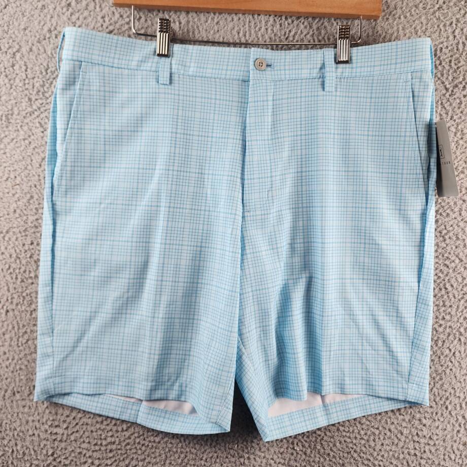 PGA TOUR Check Print Performance 8" Golf Shorts Men's 38 Cyan Blue