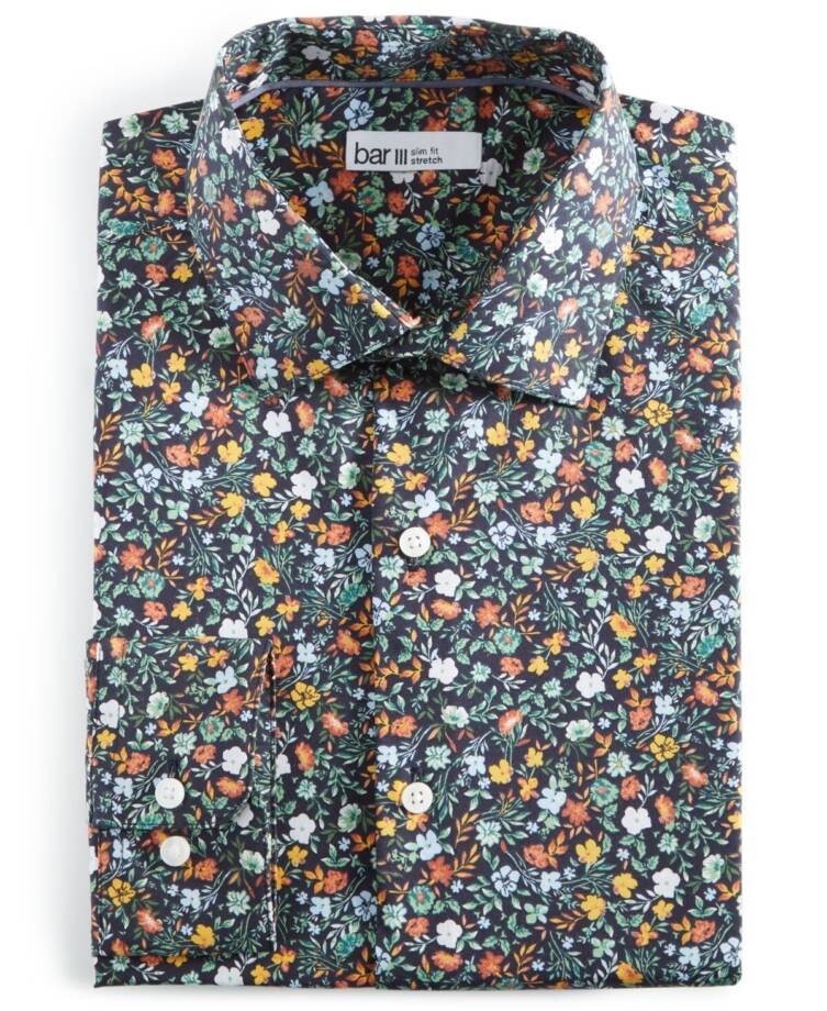 Bar III Slim-Fit Water Floral Dress Shirt Men's M (15-15.5) Navy Spice Stretch