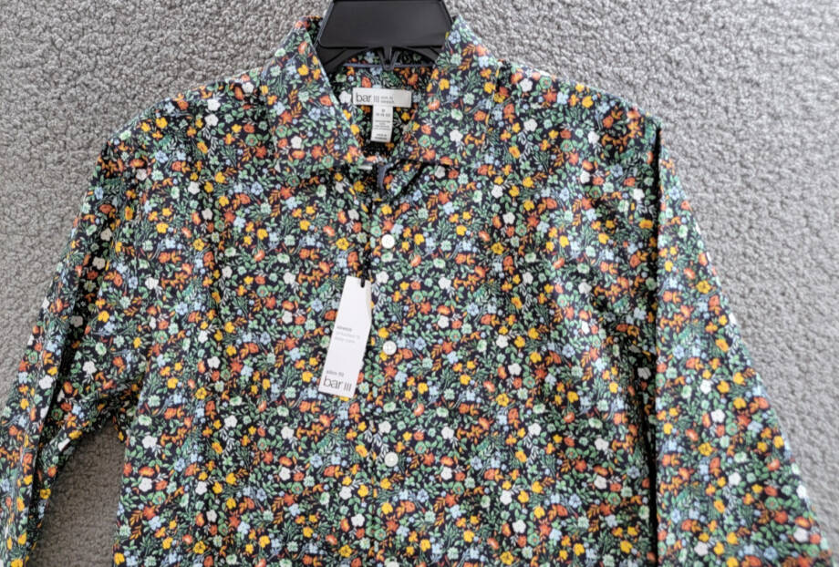 Bar III Slim-Fit Water Floral Dress Shirt Men's M (15-15.5) Navy Spice Stretch
