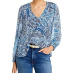 AQUA Leaf Print Blouse Women's XS White/Navy Metallic Vneck Long Sleeve Pullover