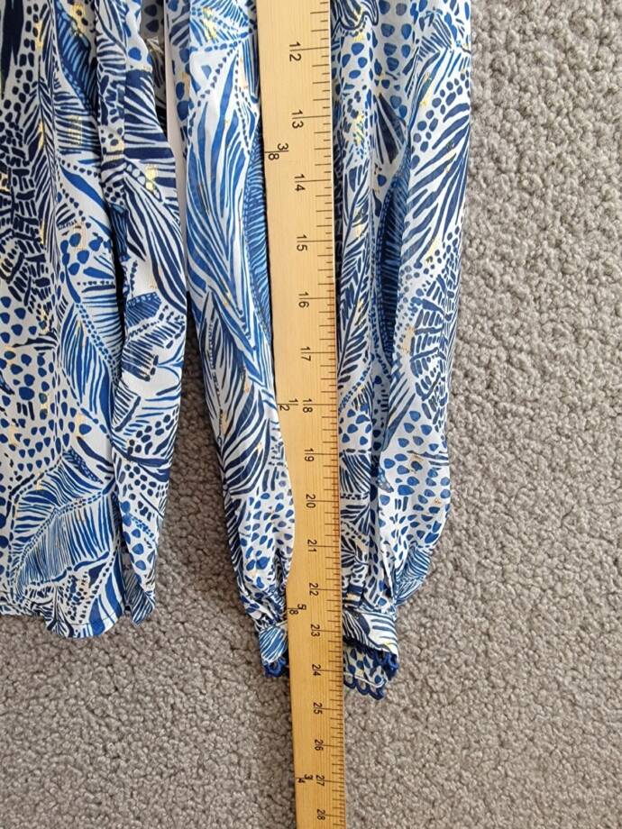 AQUA Leaf Print Blouse Women's XS White/Navy Metallic Vneck Long Sleeve Pullover