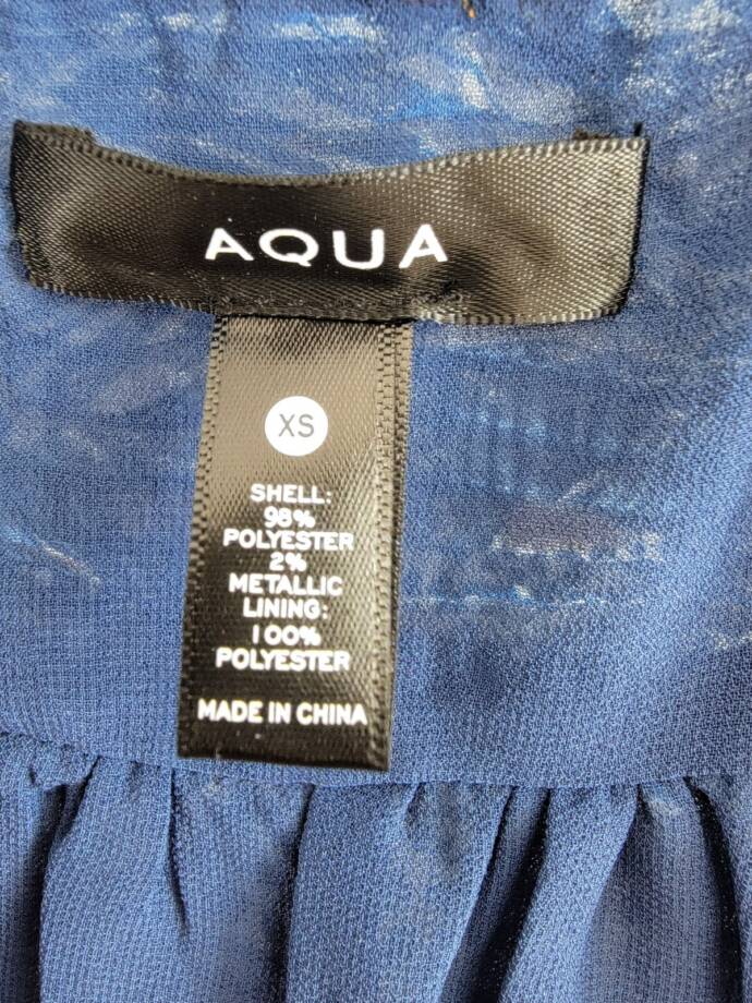 AQUA Leaf Print Blouse Women's XS White/Navy Metallic Vneck Long Sleeve Pullover
