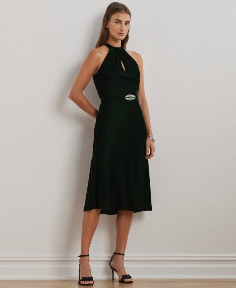 Lauren Ralph Lauren Belted Velvet Halter Dress Women's 2 Green Back Zip Closure