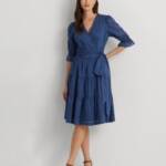 Lauren Ralph Lauren Tie-Front Voile Surplice Dress Women's 0 Indigo Dusk Solid