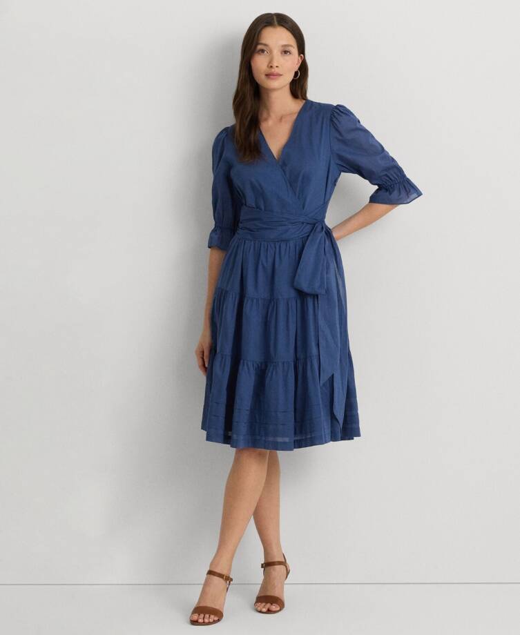 Lauren Ralph Lauren Tie-Front Voile Surplice Dress Women's 0 Indigo Dusk Solid