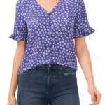 CeCe Daisy Melody Ruffle Short Sleeve Blouse Women's M Cobalt Petal Button Front
