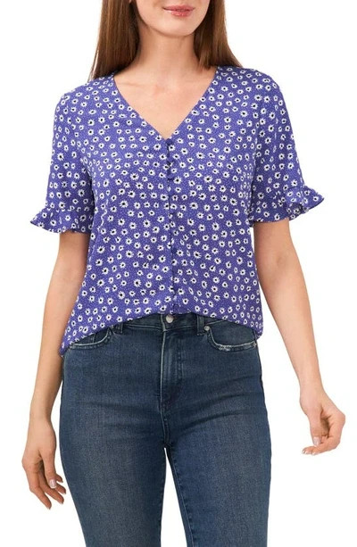 CeCe Daisy Melody Ruffle Short Sleeve Blouse Women's M Cobalt Petal Button Front