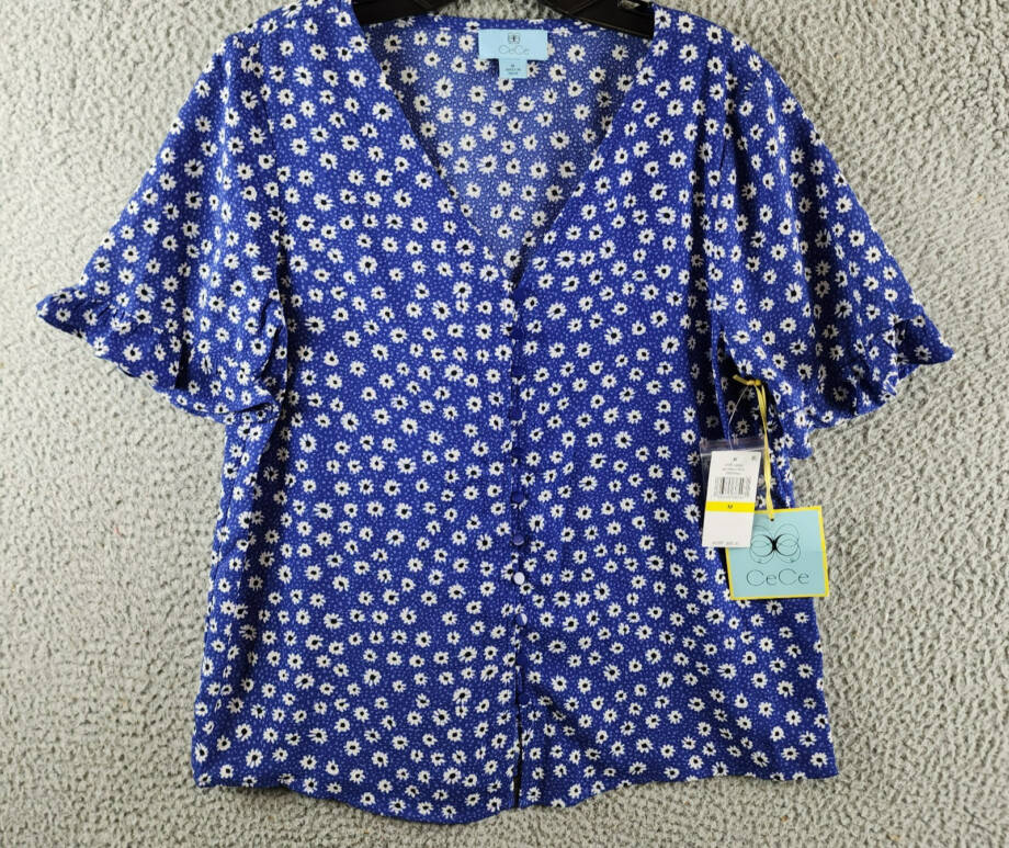 CeCe Daisy Melody Ruffle Short Sleeve Blouse Women's M Cobalt Petal Button Front
