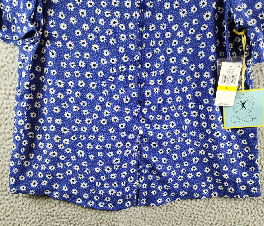 CeCe Daisy Melody Ruffle Short Sleeve Blouse Women's M Cobalt Petal Button Front