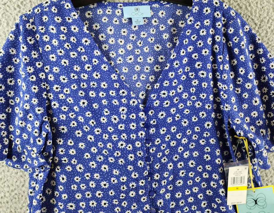 CeCe Daisy Melody Ruffle Short Sleeve Blouse Women's M Cobalt Petal Button Front