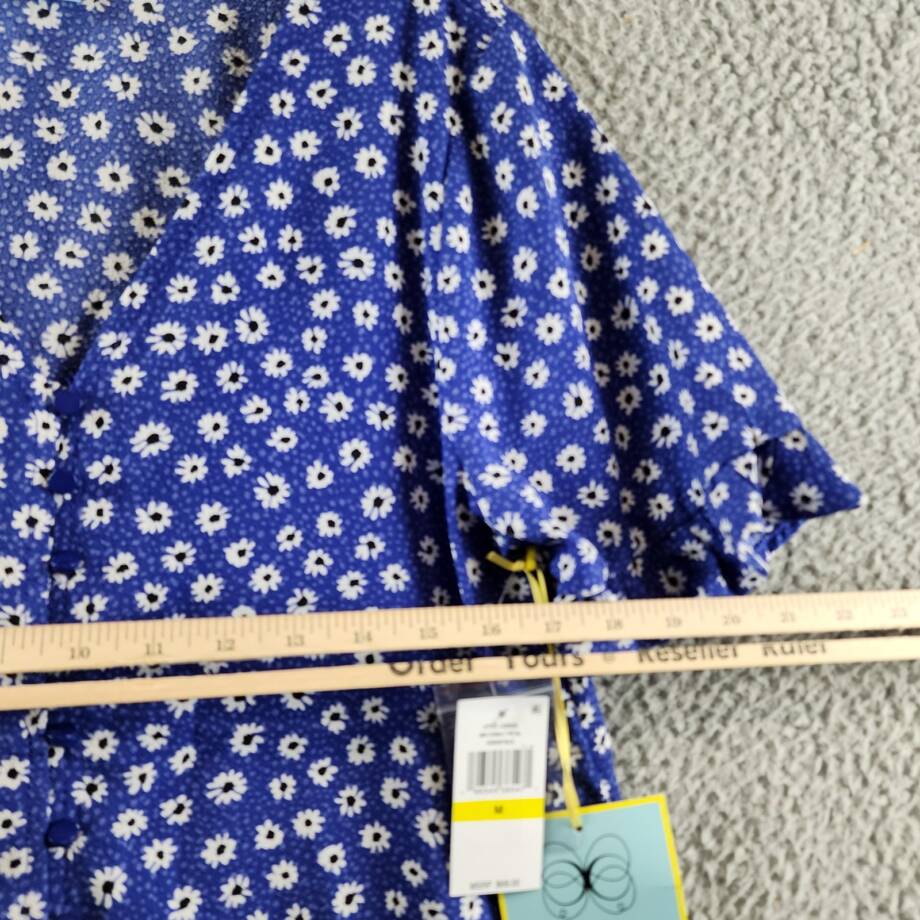 CeCe Daisy Melody Ruffle Short Sleeve Blouse Women's M Cobalt Petal Button Front