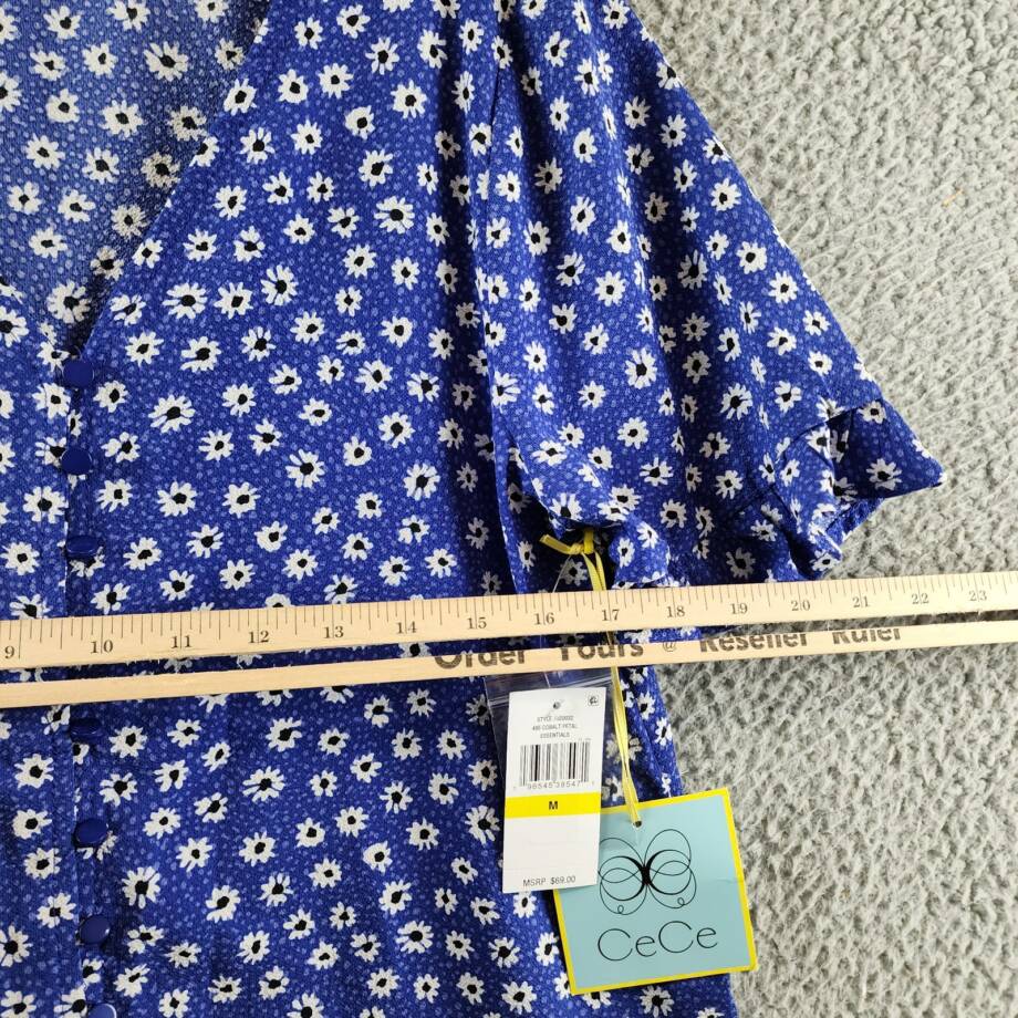 CeCe Daisy Melody Ruffle Short Sleeve Blouse Women's M Cobalt Petal Button Front