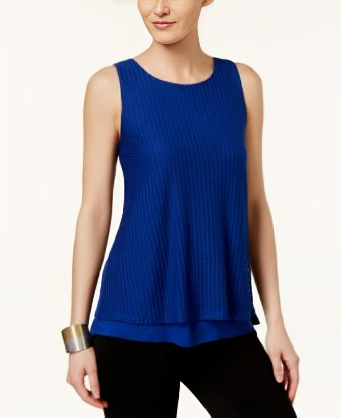 Cable & Gauge Lace-up Back Textured Top Womens XL Blue Solid Crewneck Sleeveless