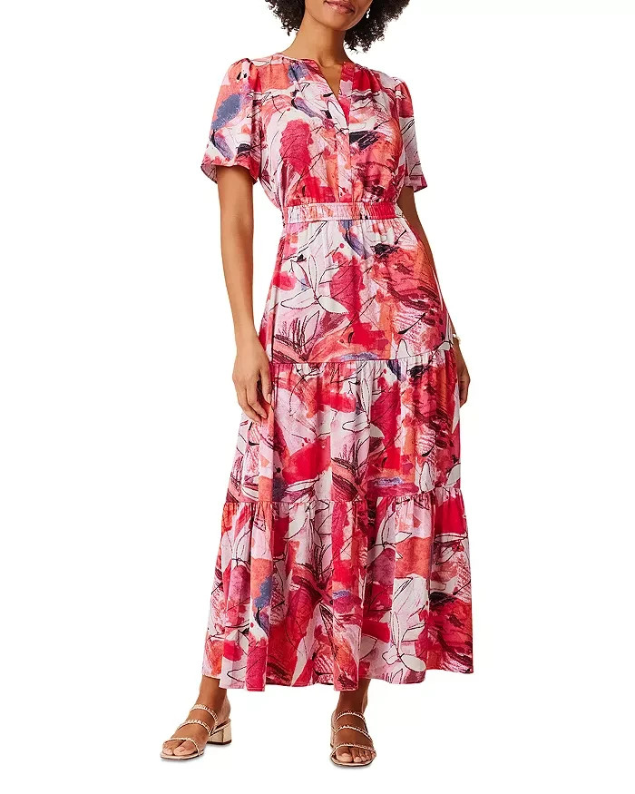NIC+ZOE Scribble Bouquet Daydream Maxi Dress Women's M Pink Multi Pullover S/S