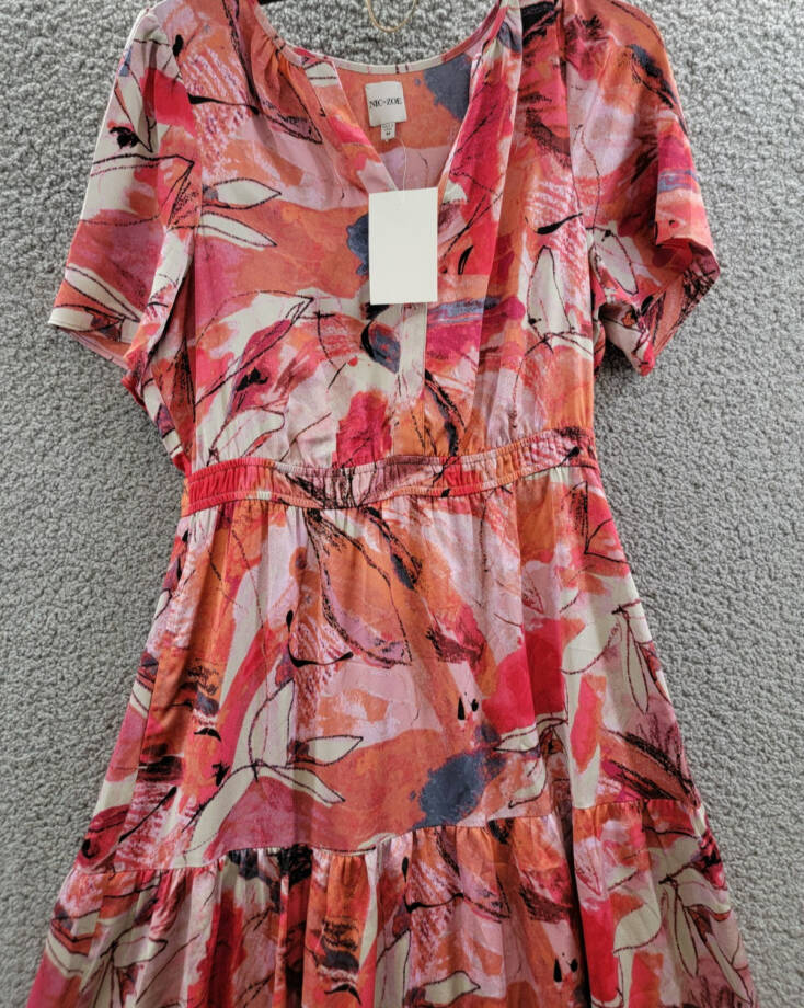 NIC+ZOE Scribble Bouquet Daydream Maxi Dress Women's M Pink Multi Pullover S/S