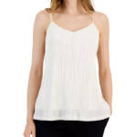 Anne Klein V-Neck Micro-Pleated Knit Tank Women's S Anne White Solid Pullover
