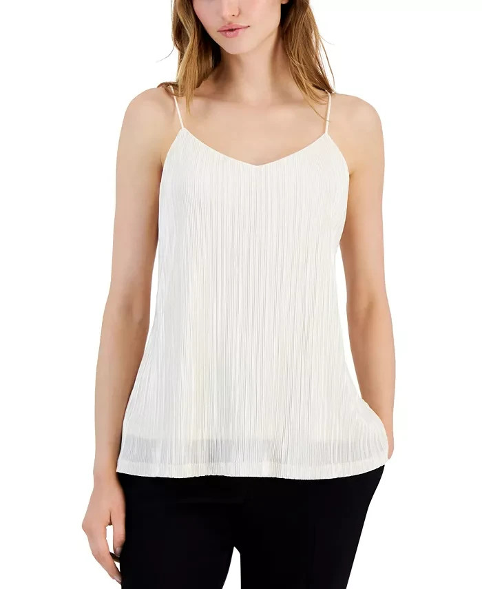 Anne Klein V-Neck Micro-Pleated Knit Tank Women's S Anne White Solid Pullover