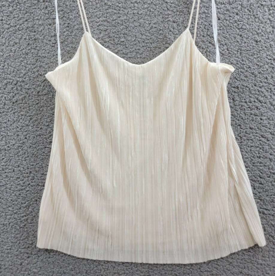 Anne Klein V-Neck Micro-Pleated Knit Tank Women's S Anne White Solid Pullover