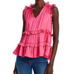 AQUA Satin Ruffled Tank Top Women's L Hot Pink Solid V-Neck Sleeveless Pullover