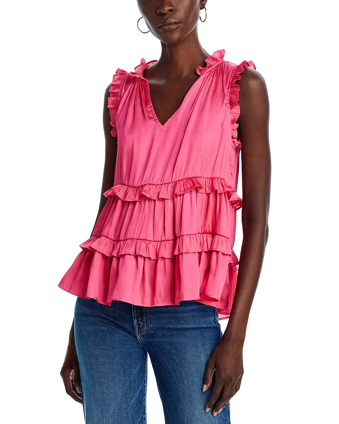 AQUA Satin Ruffled Tank Top Women's L Hot Pink Solid V-Neck Sleeveless Pullover