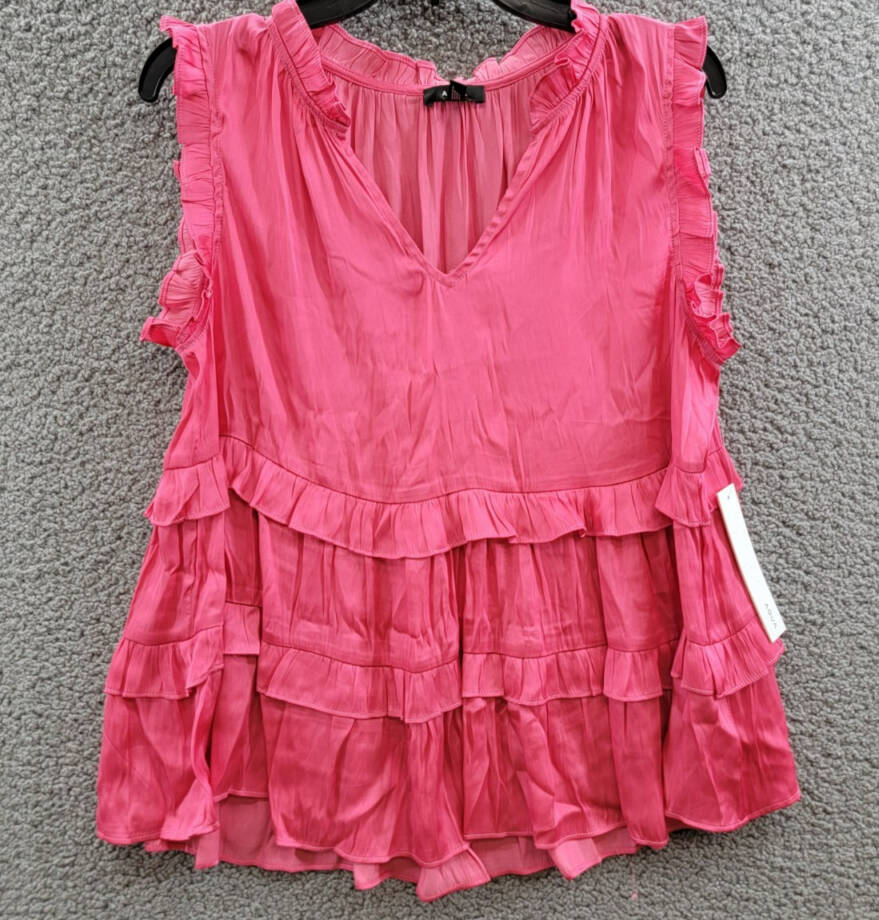 AQUA Satin Ruffled Tank Top Women's L Hot Pink Solid V-Neck Sleeveless Pullover