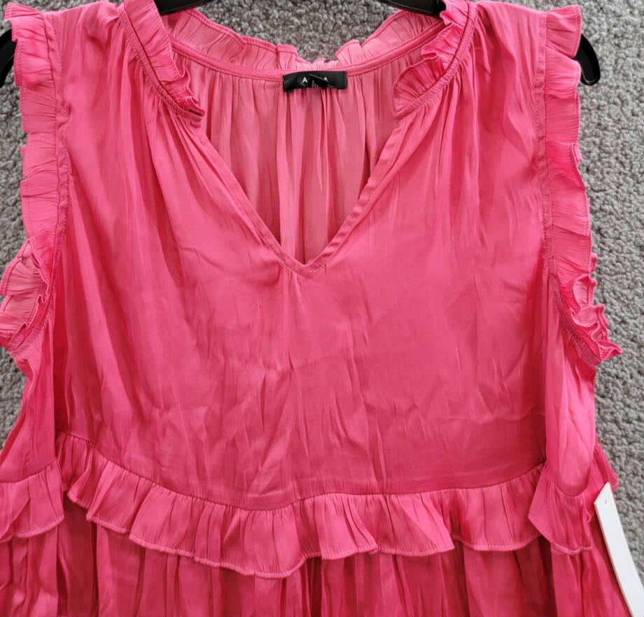 AQUA Satin Ruffled Tank Top Women's L Hot Pink Solid V-Neck Sleeveless Pullover