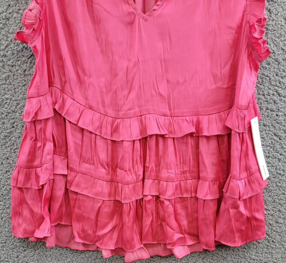 AQUA Satin Ruffled Tank Top Women's L Hot Pink Solid V-Neck Sleeveless Pullover