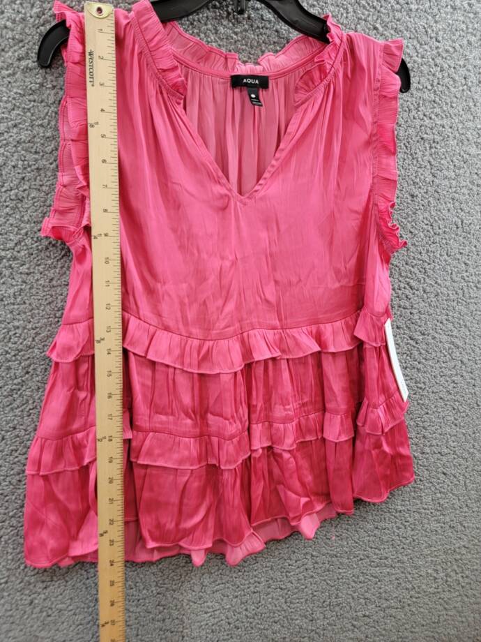 AQUA Satin Ruffled Tank Top Women's L Hot Pink Solid V-Neck Sleeveless Pullover