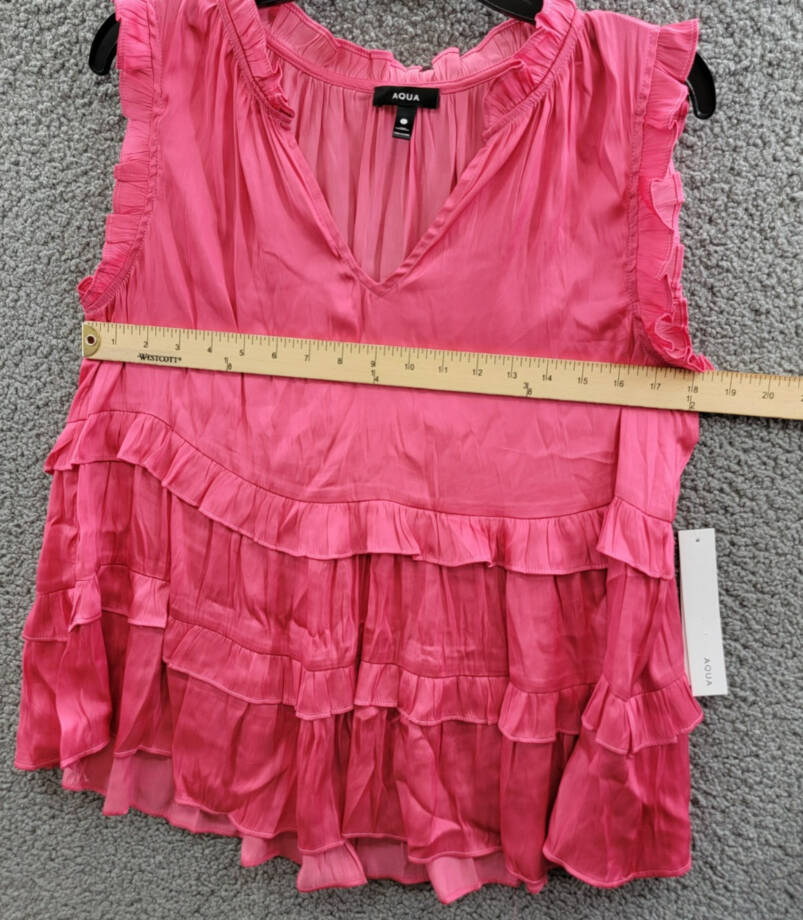 AQUA Satin Ruffled Tank Top Women's L Hot Pink Solid V-Neck Sleeveless Pullover