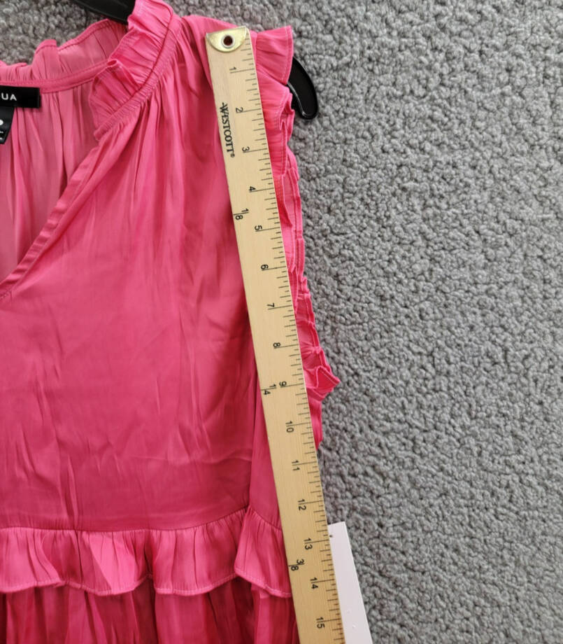AQUA Satin Ruffled Tank Top Women's L Hot Pink Solid V-Neck Sleeveless Pullover