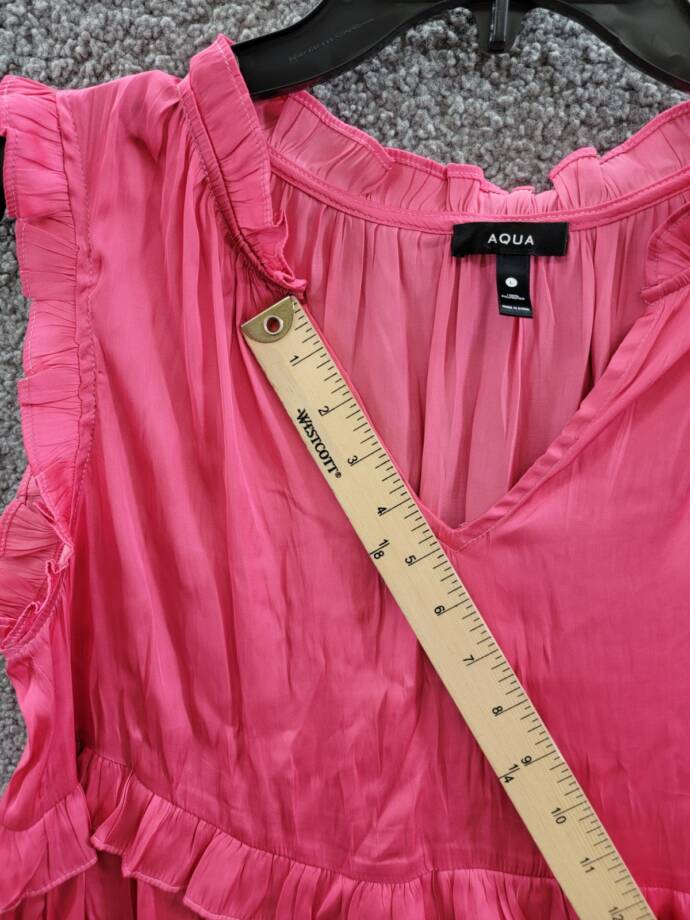 AQUA Satin Ruffled Tank Top Women's L Hot Pink Solid V-Neck Sleeveless Pullover