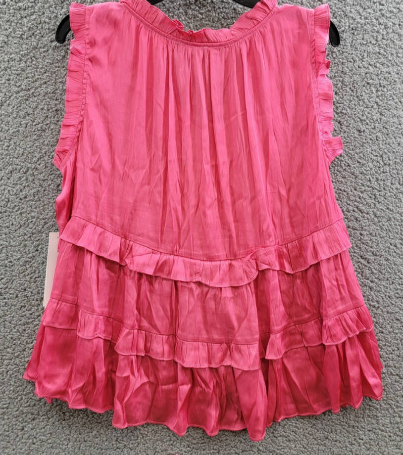 AQUA Satin Ruffled Tank Top Women's L Hot Pink Solid V-Neck Sleeveless Pullover