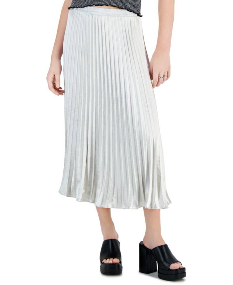 Lucy Paris Rose Metallic Pleated Midi Skirt Women's Medium Pewter Elastic Waist