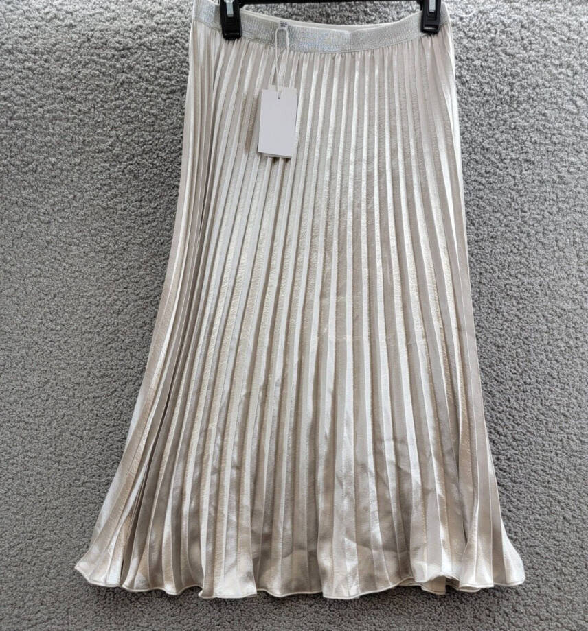 Lucy Paris Rose Metallic Pleated Midi Skirt Women's Medium Pewter Elastic Waist