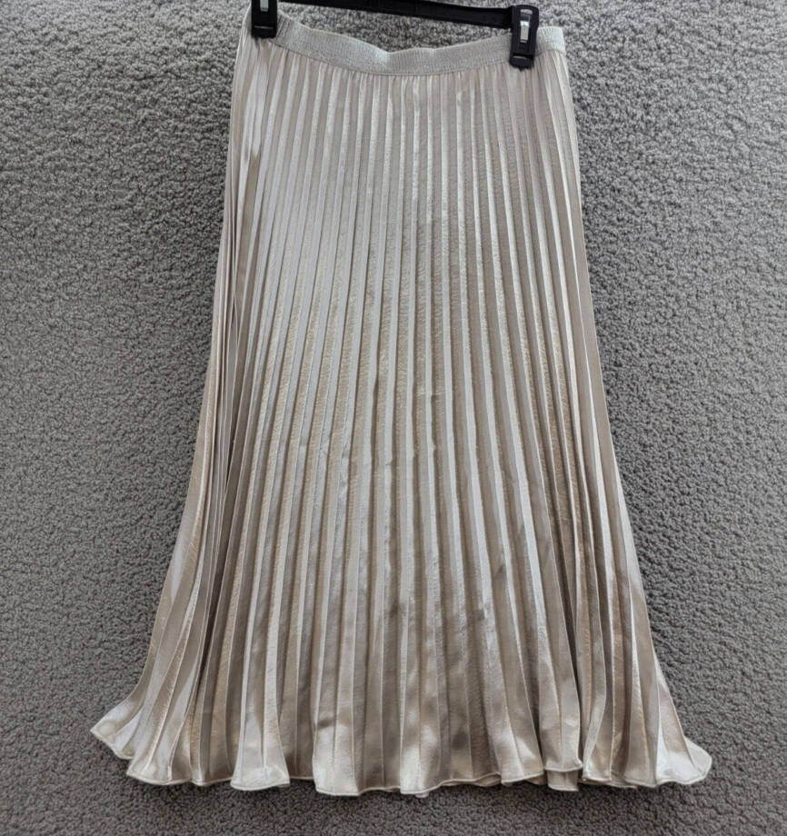 Lucy Paris Rose Metallic Pleated Midi Skirt Women's Medium Pewter Elastic Waist