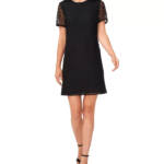 CeCe Lace Short-Sleeve A-Line Dress Women's S Rich Black Crew Neck Button Back