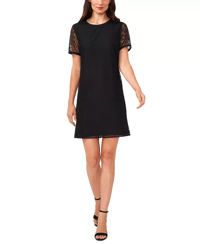 CeCe Lace Short-Sleeve A-Line Dress Women's S Rich Black Crew Neck Button Back