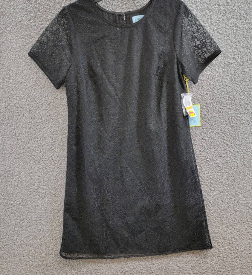 CeCe Lace Short-Sleeve A-Line Dress Women's S Rich Black Crew Neck Button Back