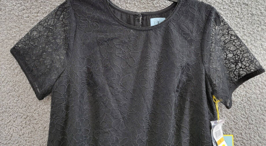 CeCe Lace Short-Sleeve A-Line Dress Women's S Rich Black Crew Neck Button Back