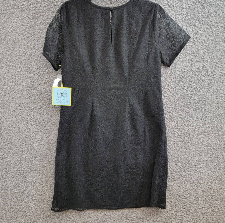 CeCe Lace Short-Sleeve A-Line Dress Women's S Rich Black Crew Neck Button Back