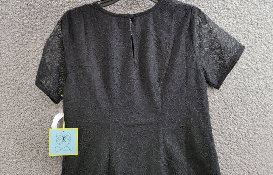 CeCe Lace Short-Sleeve A-Line Dress Women's S Rich Black Crew Neck Button Back